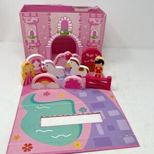 USED Pink Foldaway Unicorn Castle With 10 Wooden Figurines